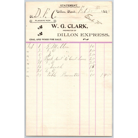 Dillon, MT W.G. Clark Dillon Express Expressman Coal & Wood Feb 1898 Billhead