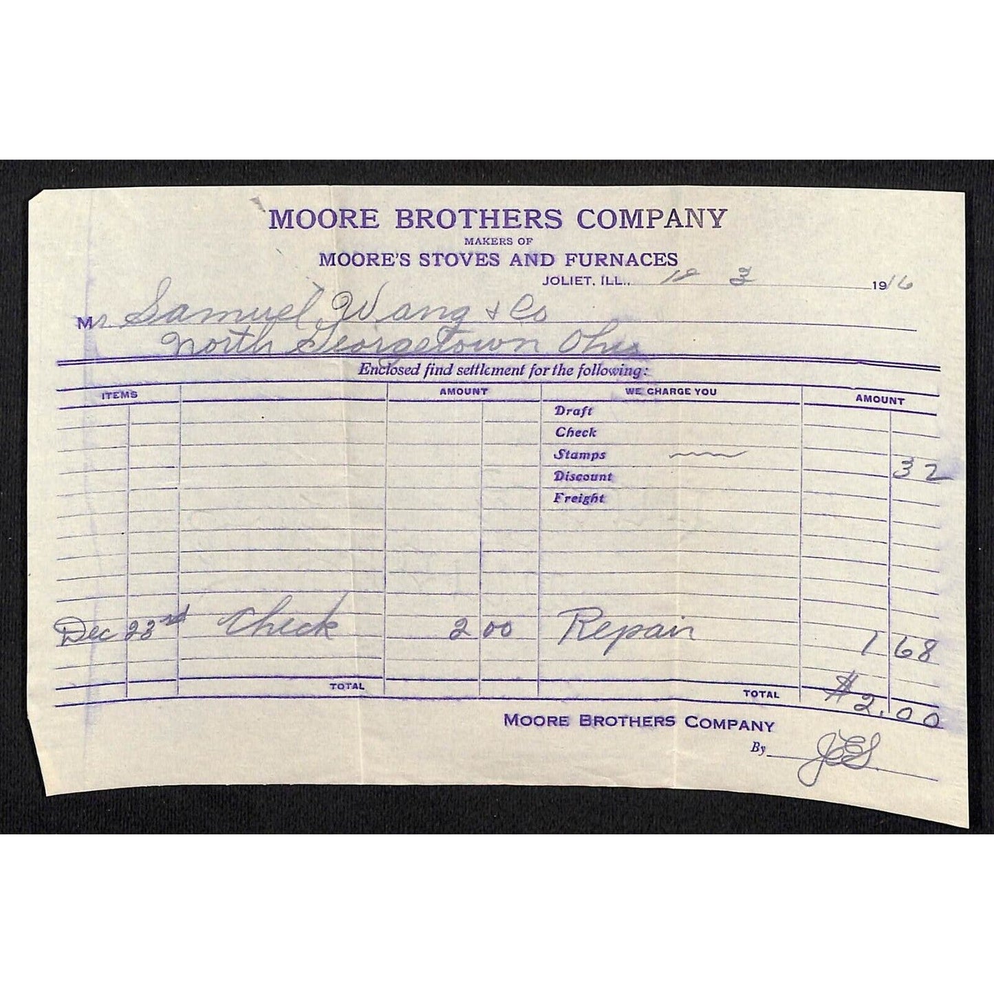 Moore Brothers Stoves Samuel Wang Co* N. Georgetown 1916 Billhead 1917 PM Cover