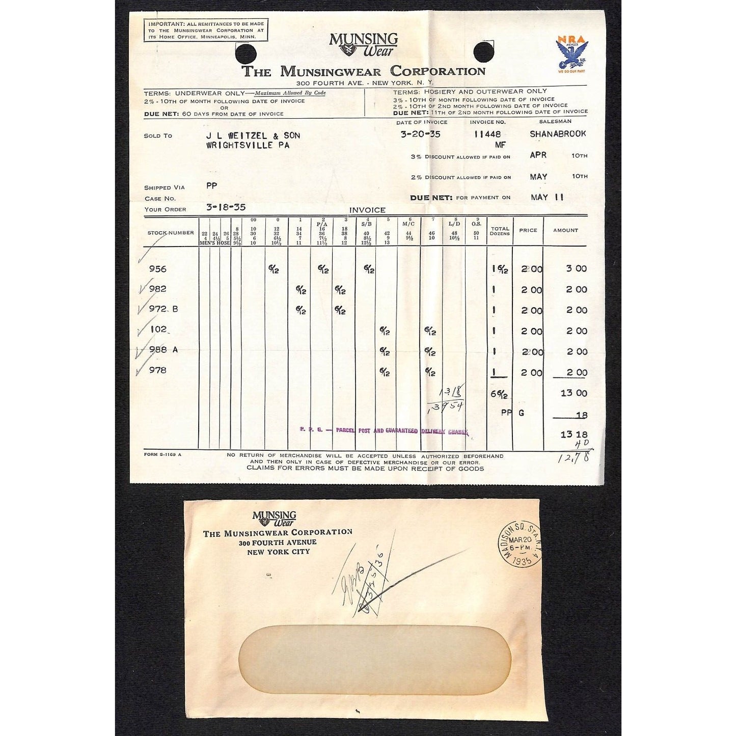 Munsingwear Munsing Wear (Underwear) Fourth Ave. NYC 1935 Billhead + Cover