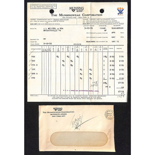Munsingwear Munsing Wear (Underwear) Fourth Ave. NYC 1935 Billhead + Cover