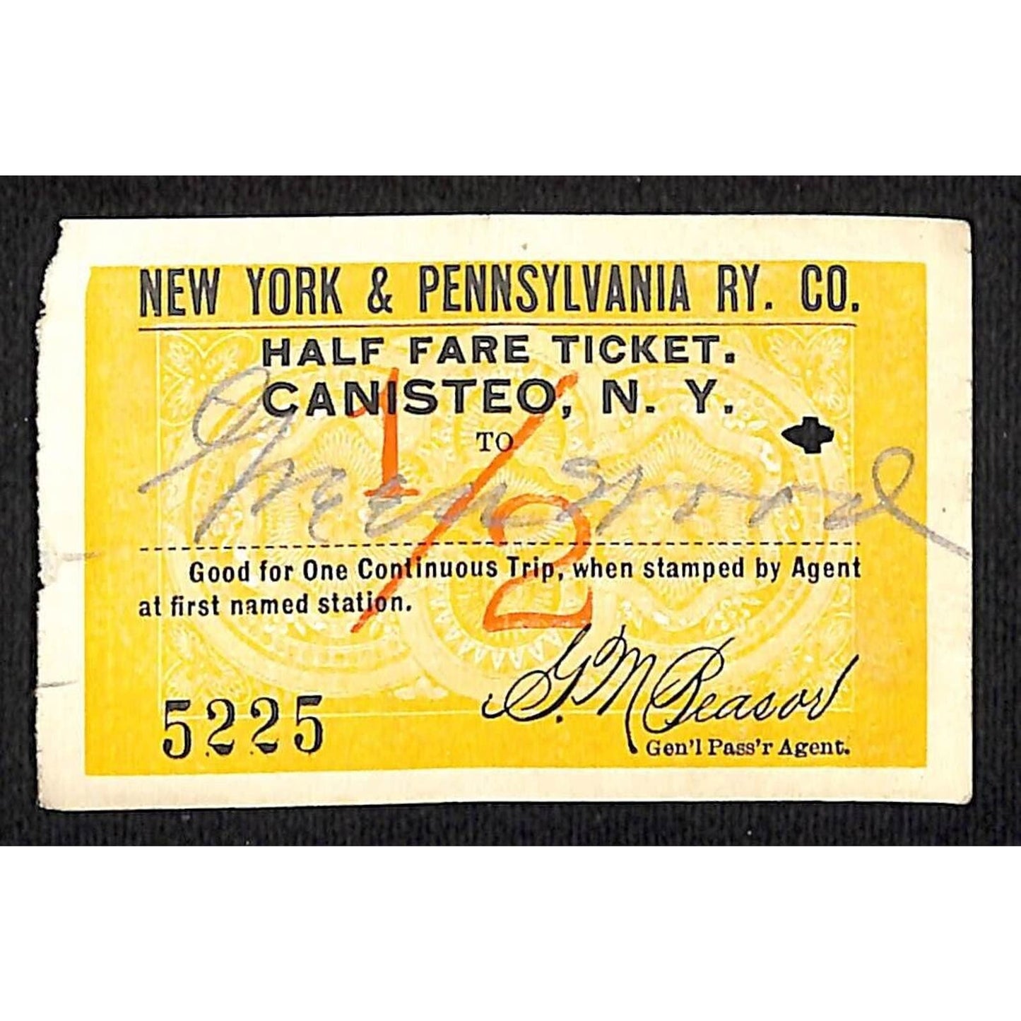 New York & Pennsylvania Railroad RY July 11 1917 Greenwood 1/2 Fare Ticket #5225