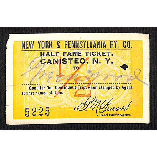 New York & Pennsylvania Railroad RY July 11 1917 Greenwood 1/2 Fare Ticket #5225