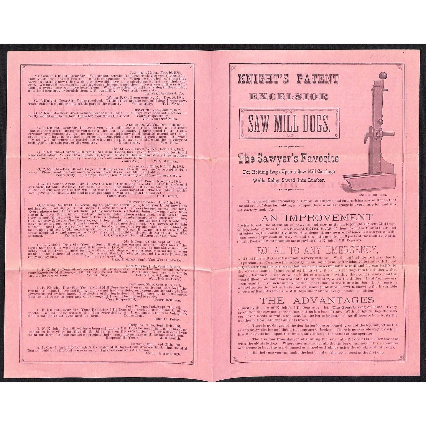 c1883 G.F. Knight & Co. Hicksville, OH "Duplex Dog" for Holding Logs Brochure