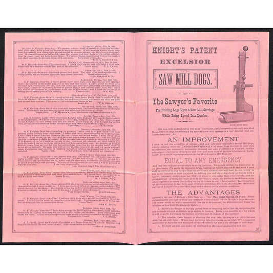 c1883 G.F. Knight & Co. Hicksville, OH "Duplex Dog" for Holding Logs Brochure