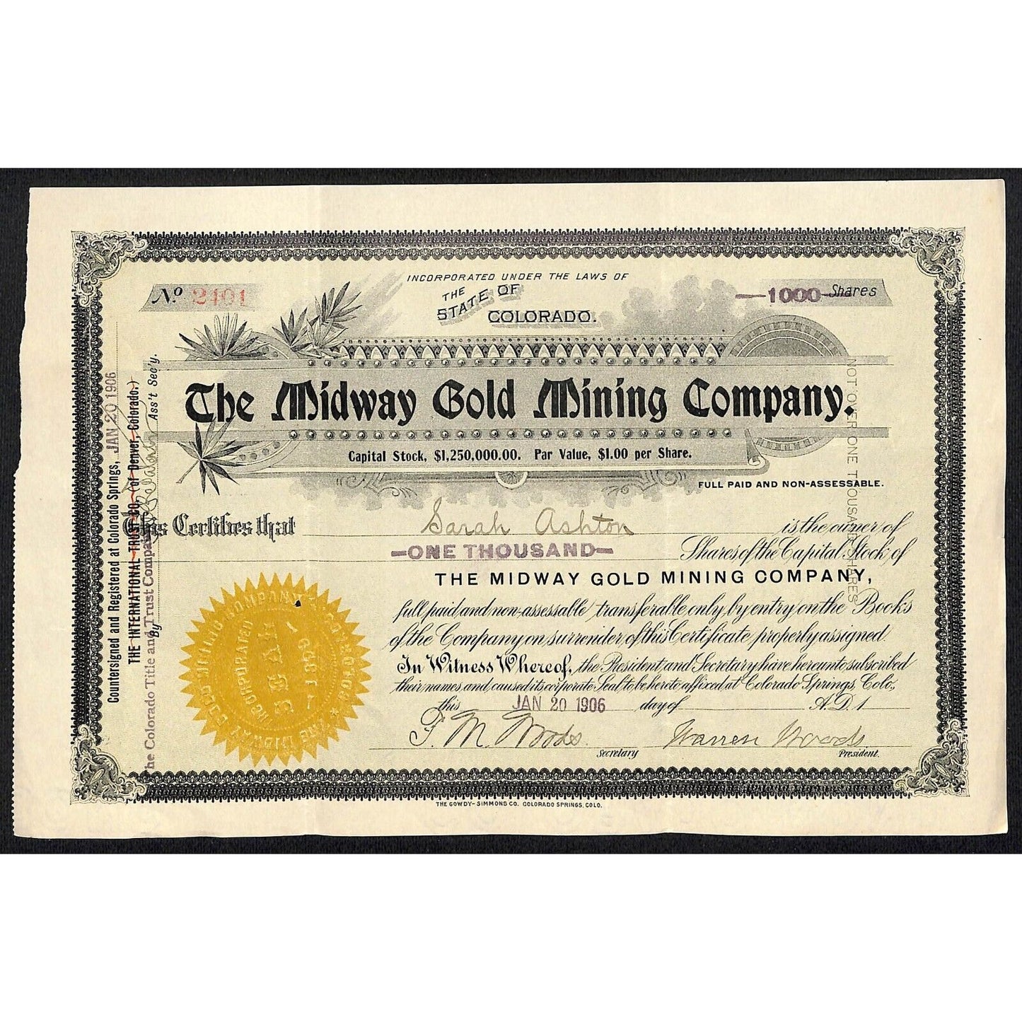 Midway Gold Mining Co. 1906 Stock Certificate w/ Warren Woods Sig. #2401