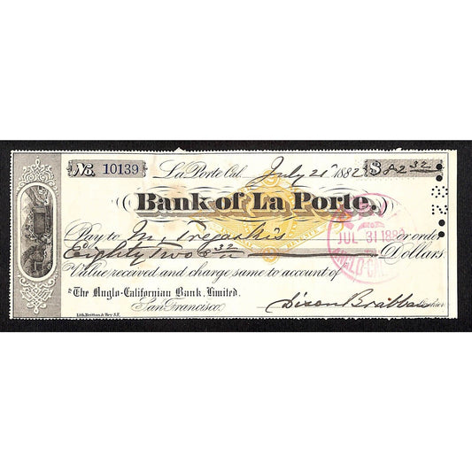 Bank of La Porte Check M. Tregaskis 1882 Mining Vignette RN-G1 #10139