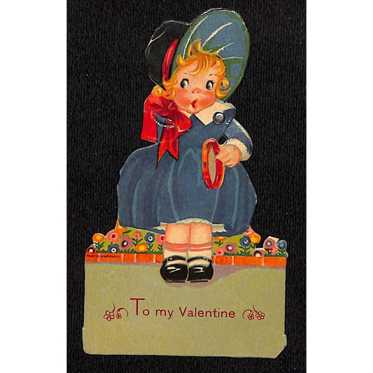 "To My Valentine" Mechanical Victorian Greeting Card Girl w/ Tambourine