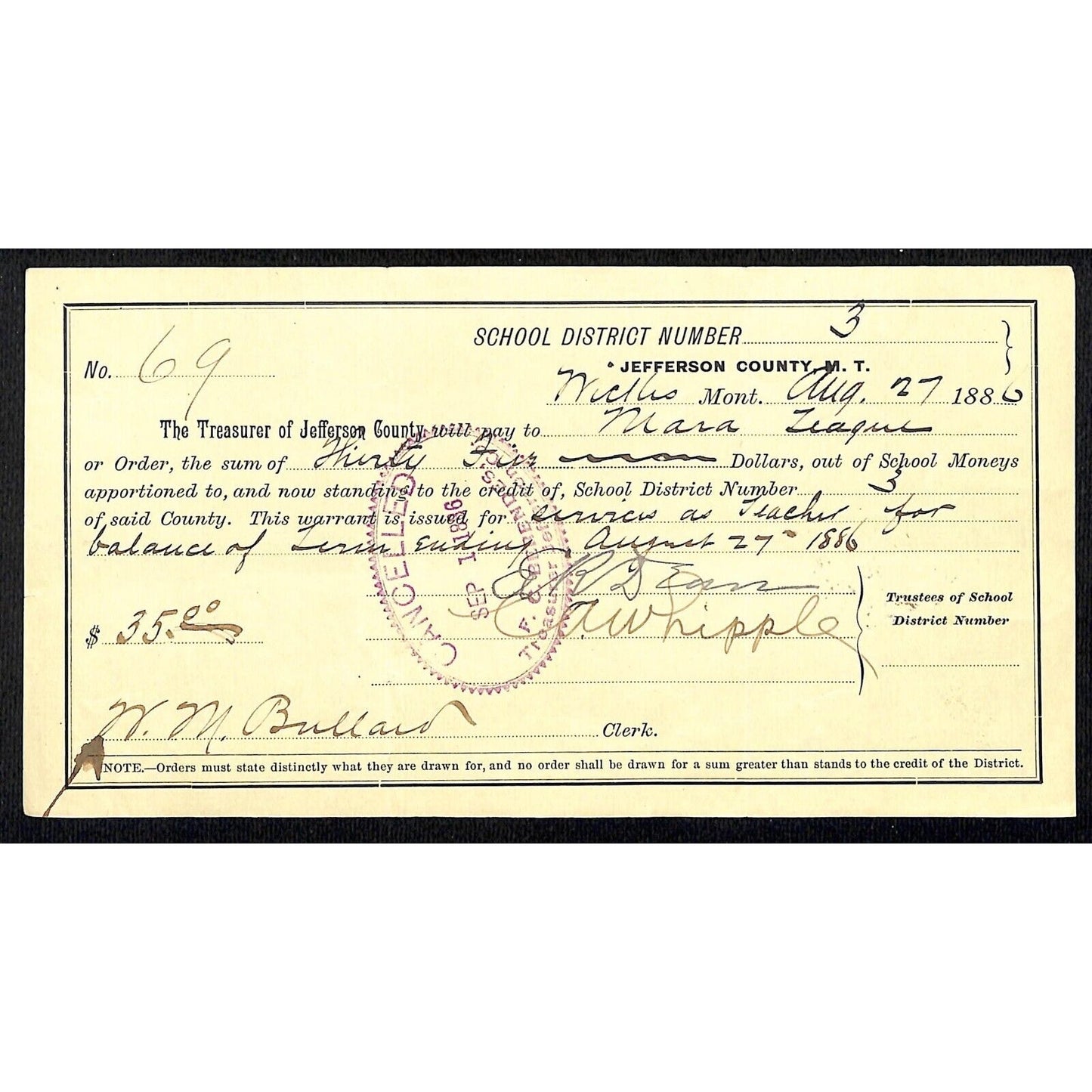 1886 Jefferson County Montana Territory School Warrant for "Services as Teacher"