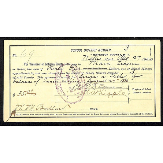 1886 Jefferson County Montana Territory School Warrant for "Services as Teacher"