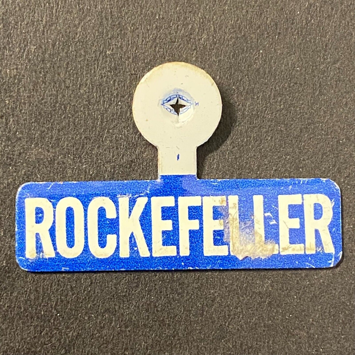 Rockefeller Election Campaign Steel Fold Over Pin 1 1/4" White Text