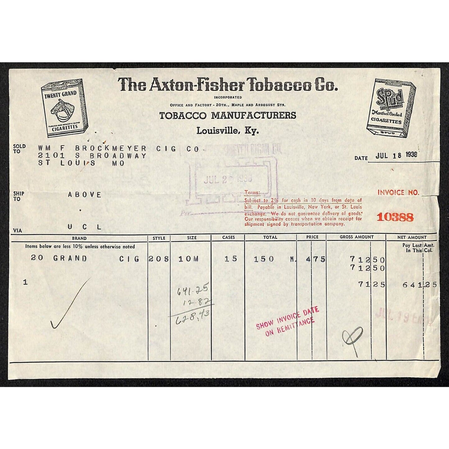Louisville, KY The Axton-Fisher Tobacco Co. Spud Twenty Grand 1938 Billhead