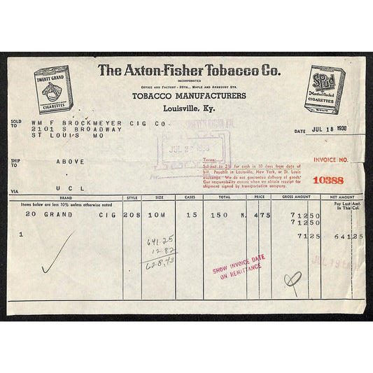 Louisville, KY The Axton-Fisher Tobacco Co. Spud Twenty Grand 1938 Billhead