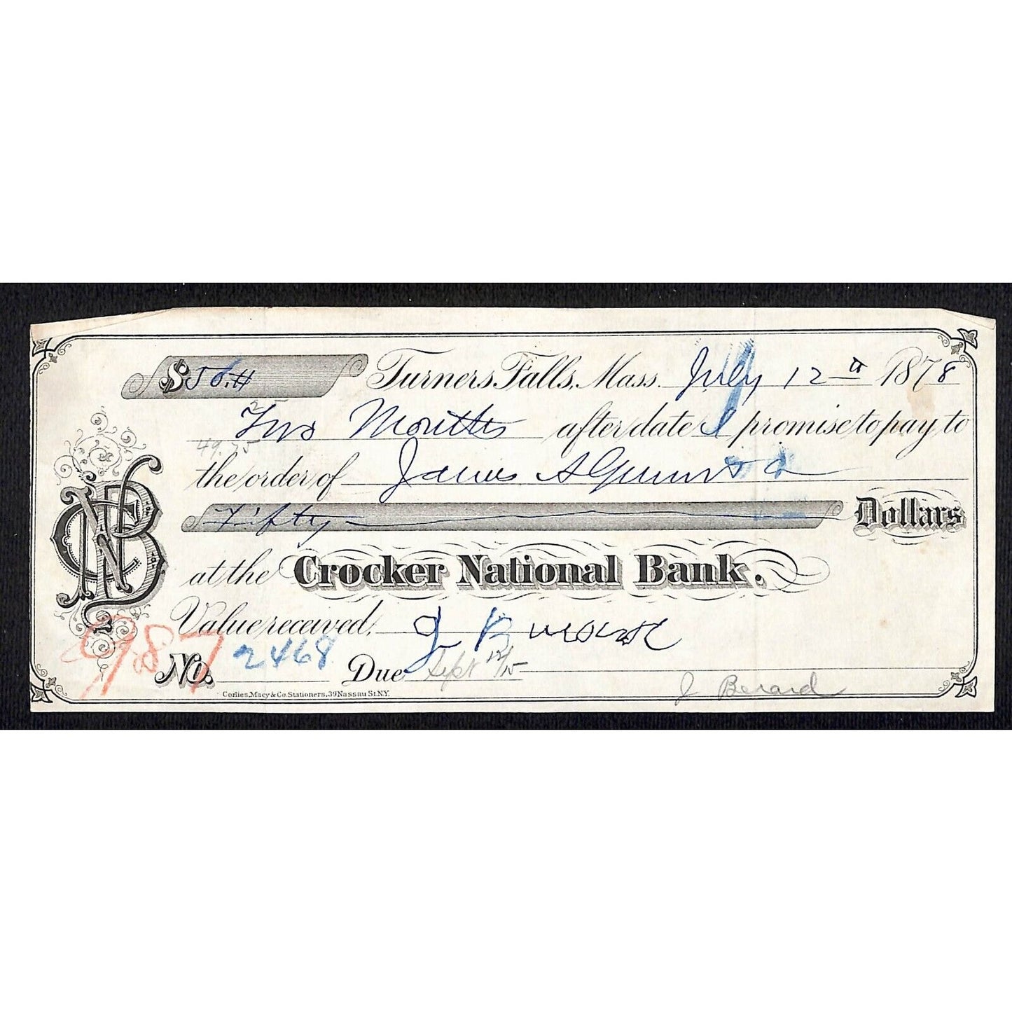 1878 Crocker NB Turners Falls $45 James A. Gunn (Grocery Store) Promissory Note