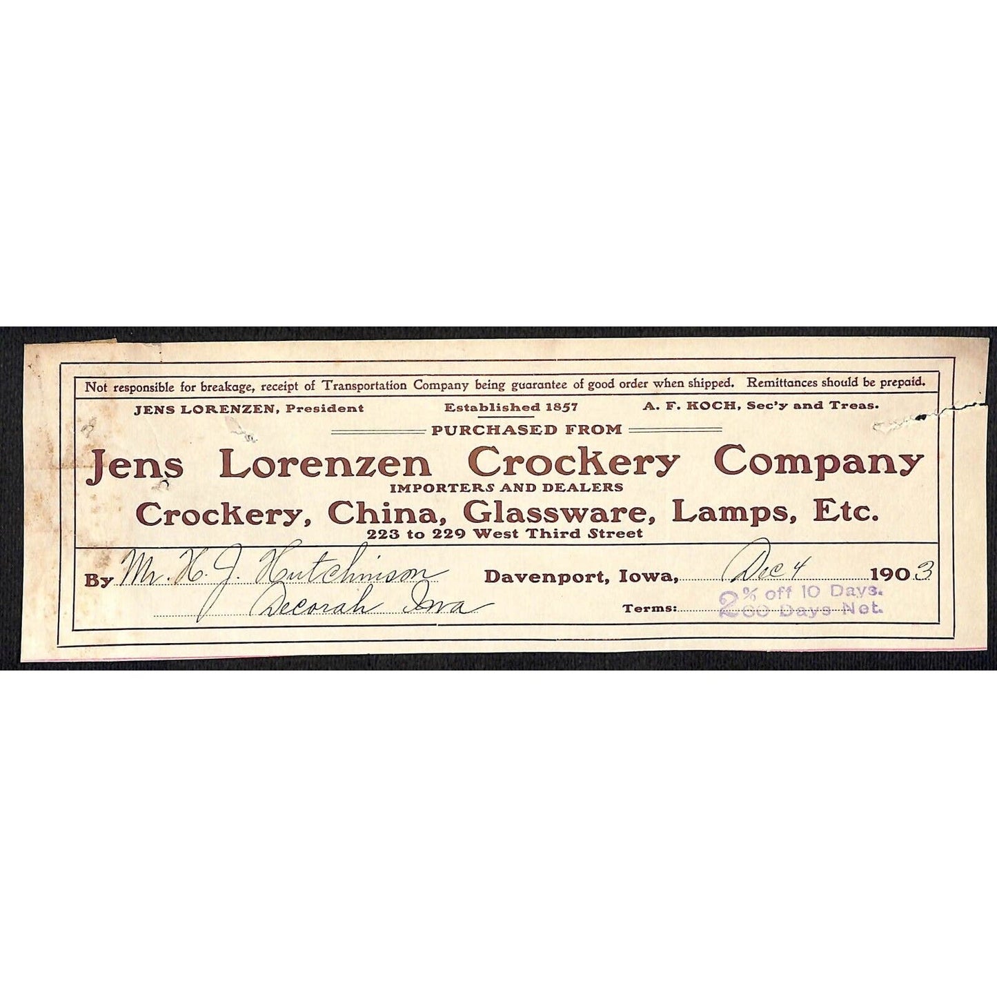 Jens Lorenzen Crockery Davenport, IA Hutchinson Decorah IA* Cut 1903 Billhead