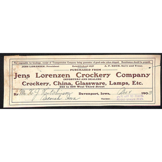 Jens Lorenzen Crockery Davenport, IA Hutchinson Decorah IA* Cut 1903 Billhead