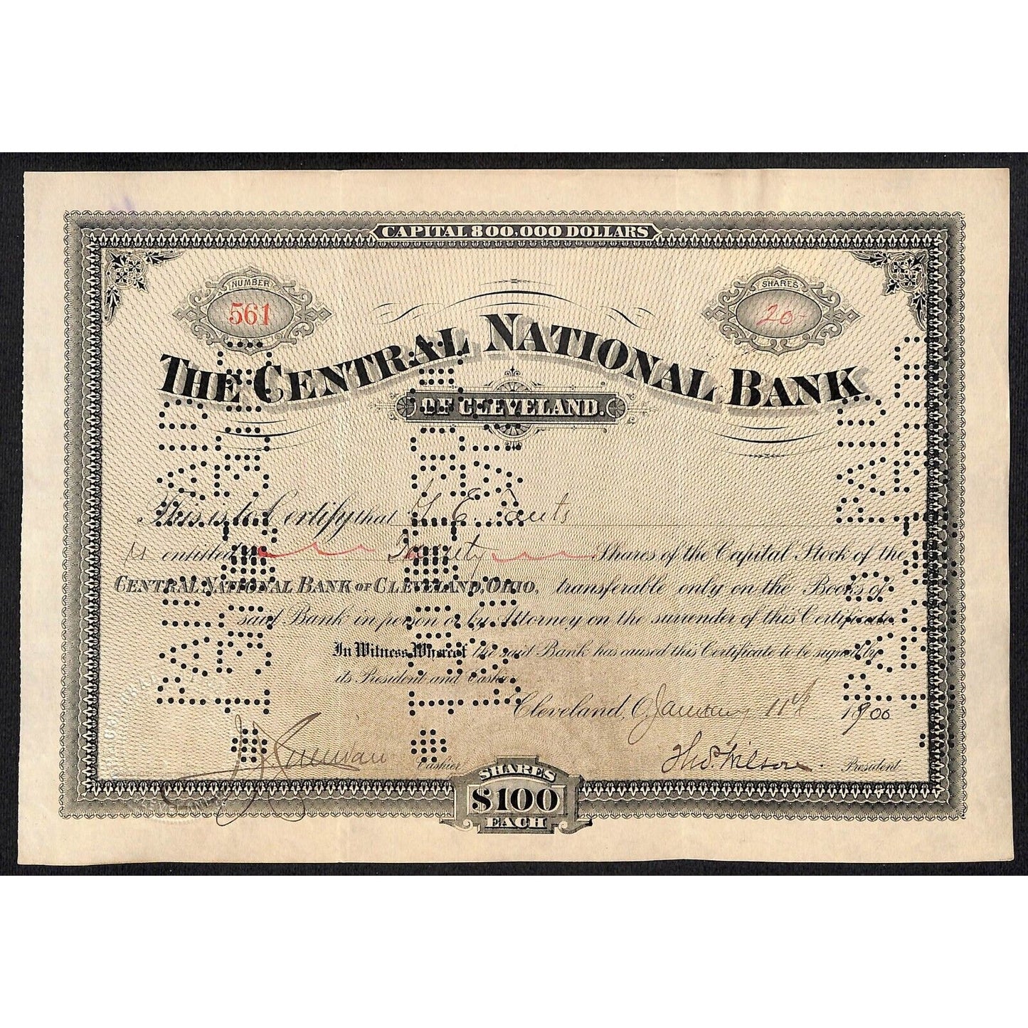 Central National Bank of Cleveland 1900 Stock Certificate to G.E. Gouts Scarce