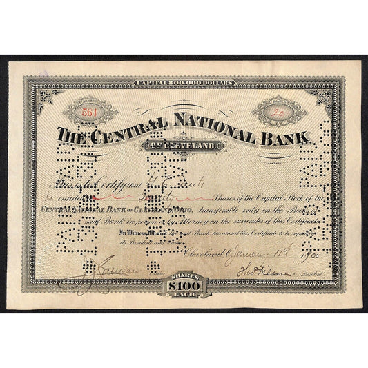 Central National Bank of Cleveland 1900 Stock Certificate to G.E. Gouts Scarce