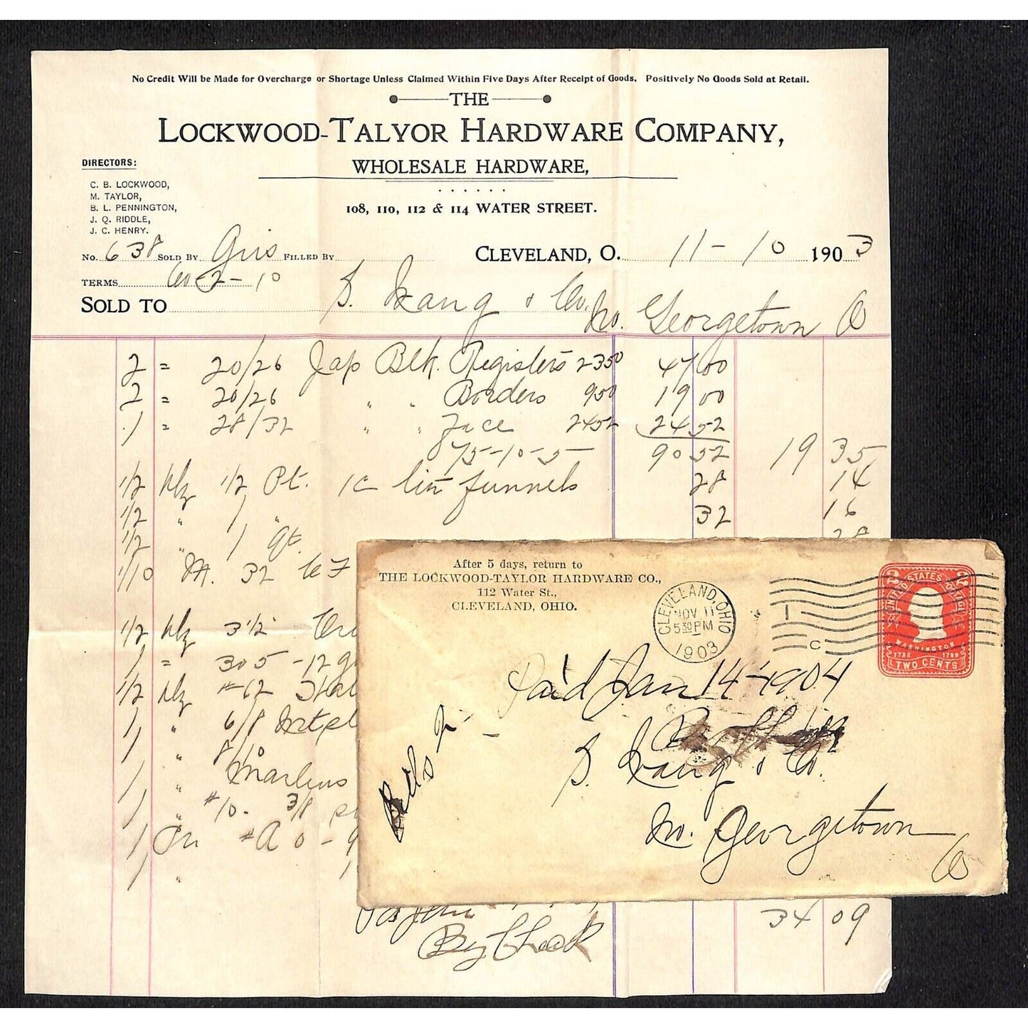 Lockwood-Taylor Hardware Samuel Wang Co* N. Georgetown 1903 Billhead & Cover