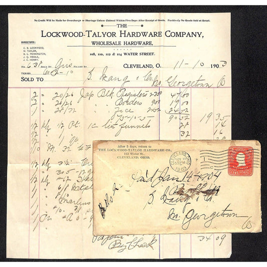 Lockwood-Taylor Hardware Samuel Wang Co* N. Georgetown 1903 Billhead & Cover