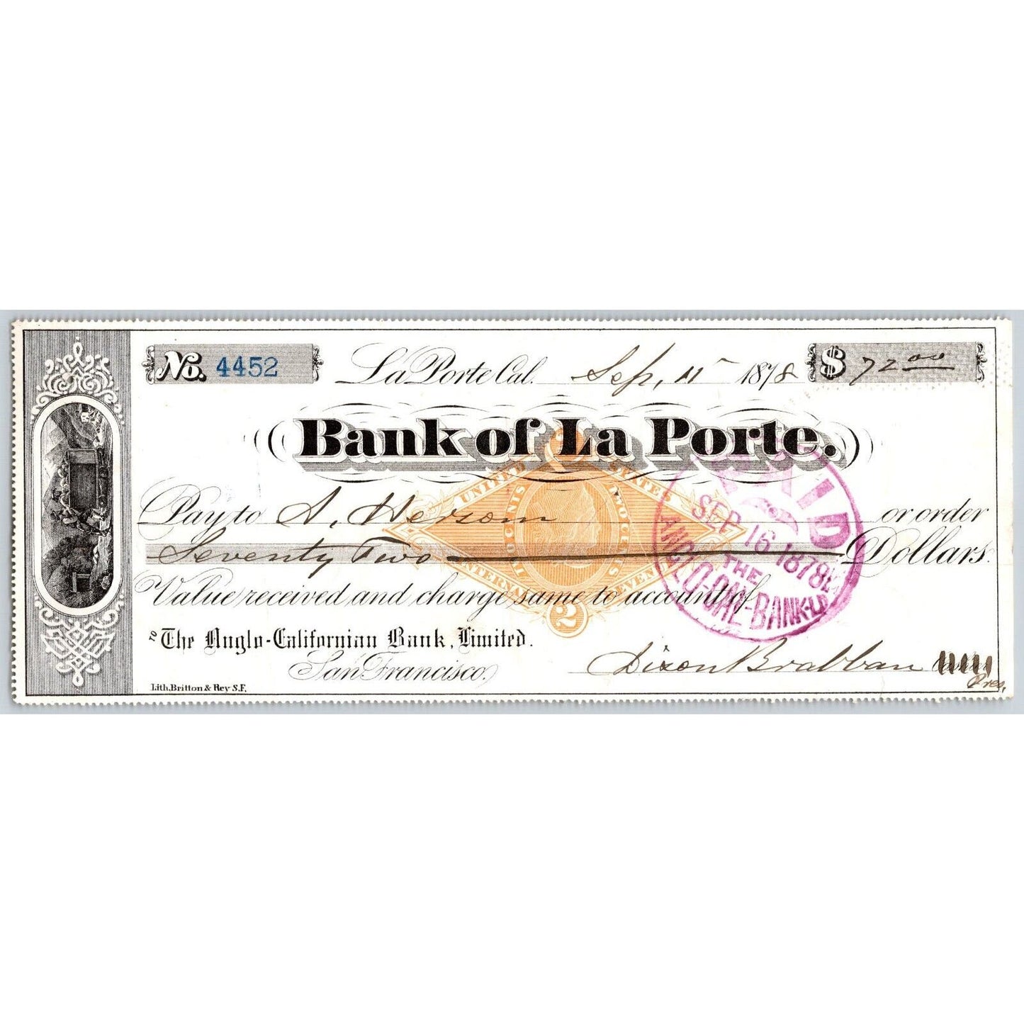 Bank of La Porte Check A Herson ? 1878 Mining Vignette RN-G1 Rev Stamp 4452