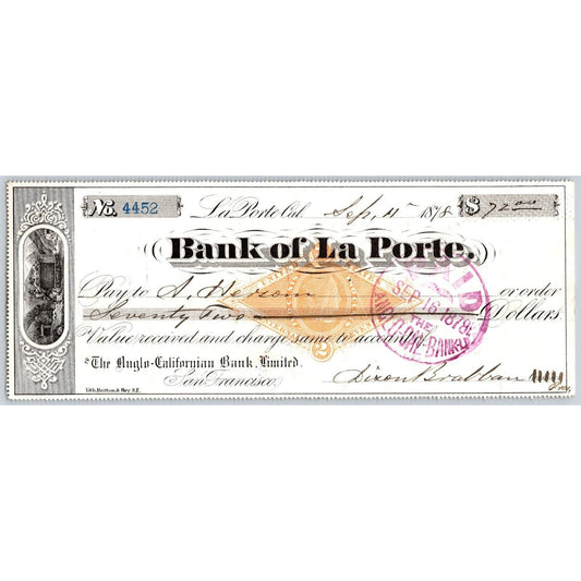 Bank of La Porte Check A Herson ? 1878 Mining Vignette RN-G1 Rev Stamp 4452