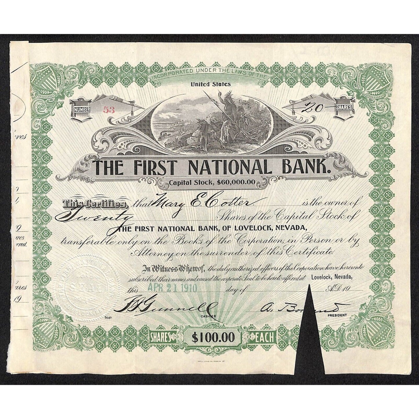 First National Bank of Lovelock, NV 1910 Stock Certificate to Mary E. Cotter