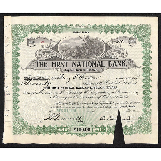First National Bank of Lovelock, NV 1910 Stock Certificate to Mary E. Cotter