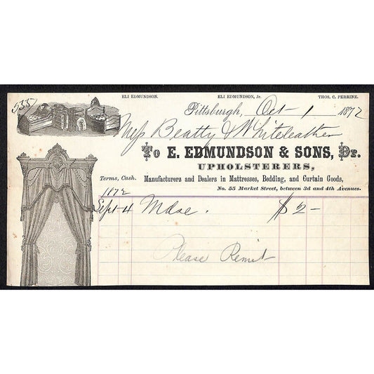 E. Edmundson & Sons Upholsterers 1872 Billhead Whiteleather* N. Georgetown Ohio