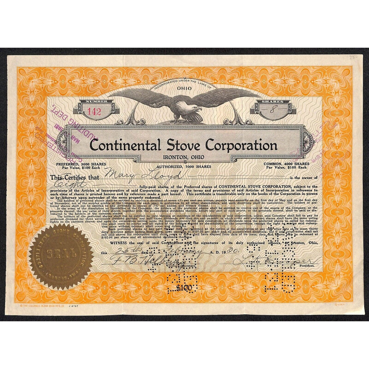The Continental Stove Corp. Ironton, OH 1930 Stock Certificate Mary Lloyd #142