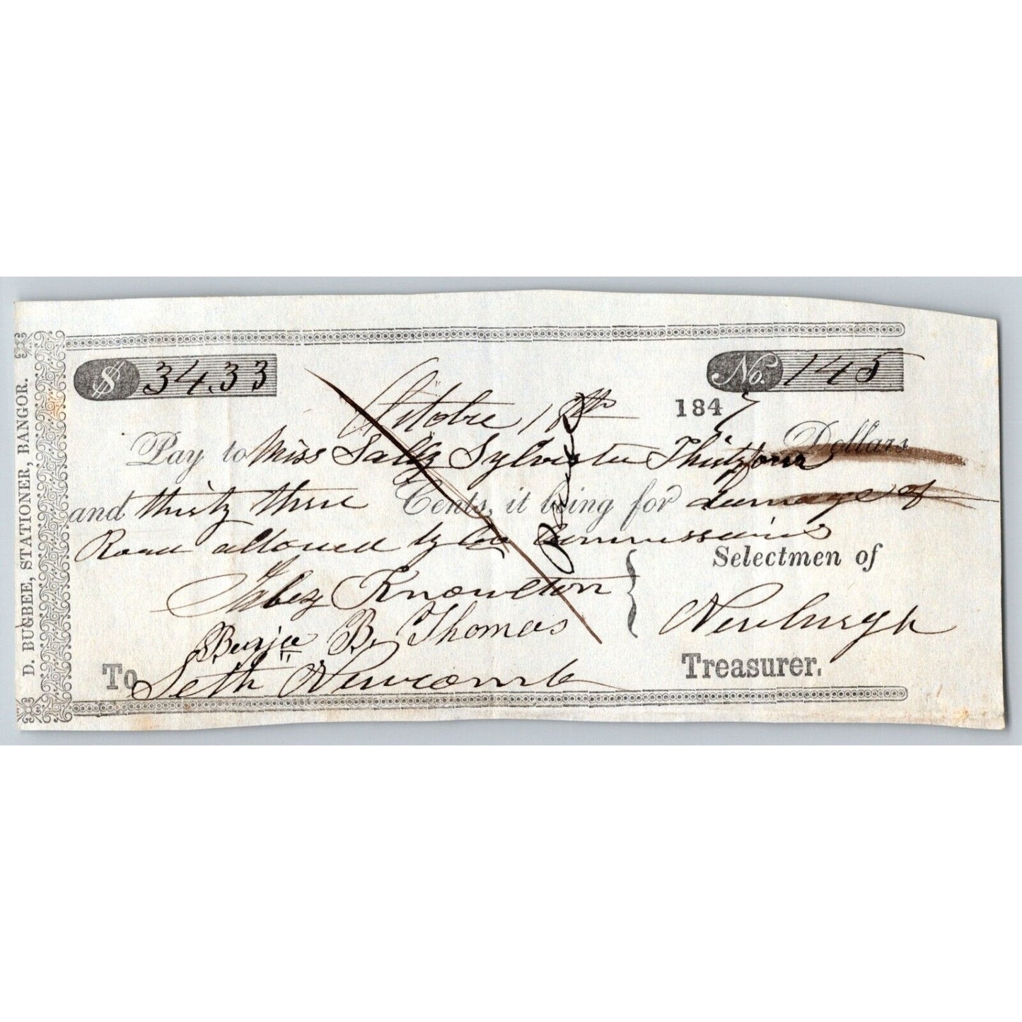 1847 Jabez Knowlton* Newburgh ME Town Check to Miss. Sally Snyder? Road Damage