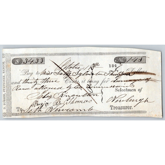 1847 Jabez Knowlton* Newburgh ME Town Check to Miss. Sally Snyder? Road Damage