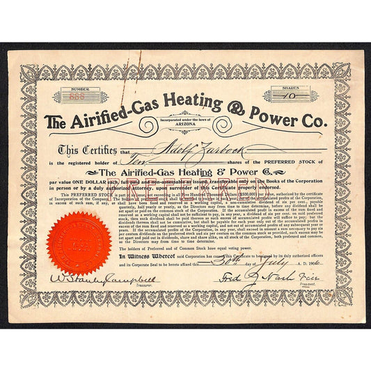 Airified-Gas Heating & Power Co Arizona Territory 1906 Stock Certificate Scarce