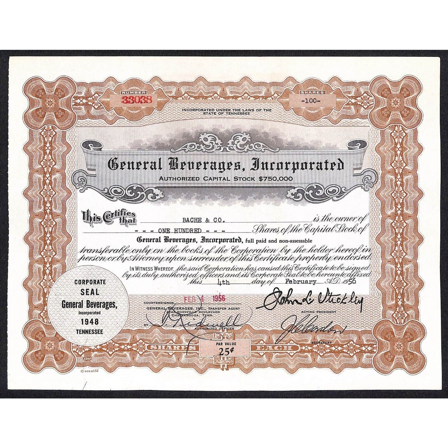 General Beverages, Inc.* Tennessee 1956 Stock Certificate Bache & Co #33038