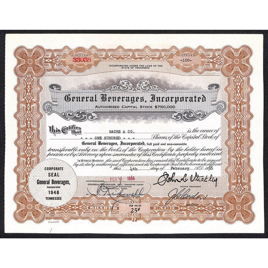 General Beverages, Inc.* Tennessee 1956 Stock Certificate Bache & Co #33038