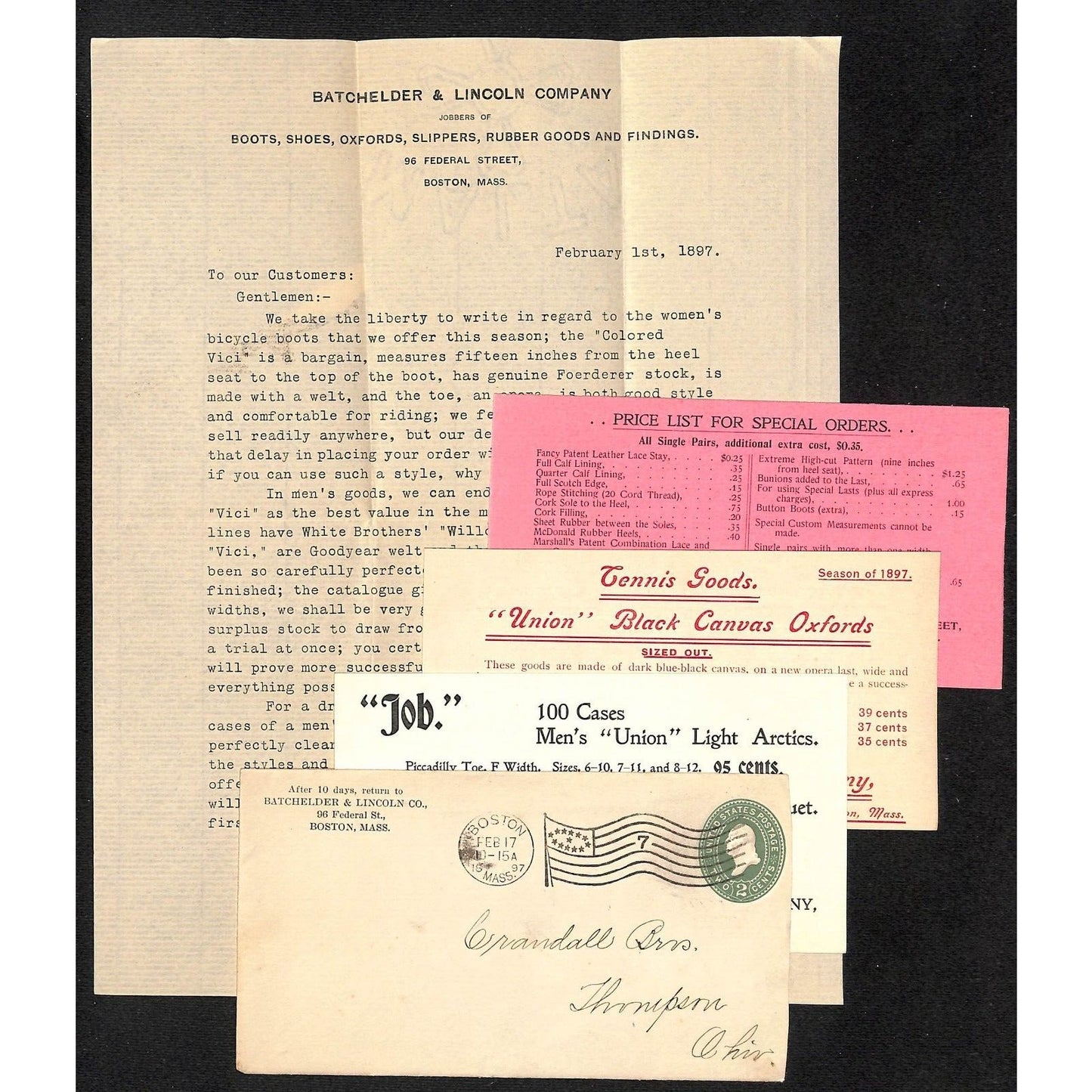 Batchelder & Lincoln Co. Boston 1897 Letterhead, Cards & Cover Bicycle Boots VGC