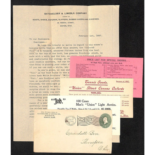 Batchelder & Lincoln Co. Boston 1897 Letterhead, Cards & Cover Bicycle Boots VGC