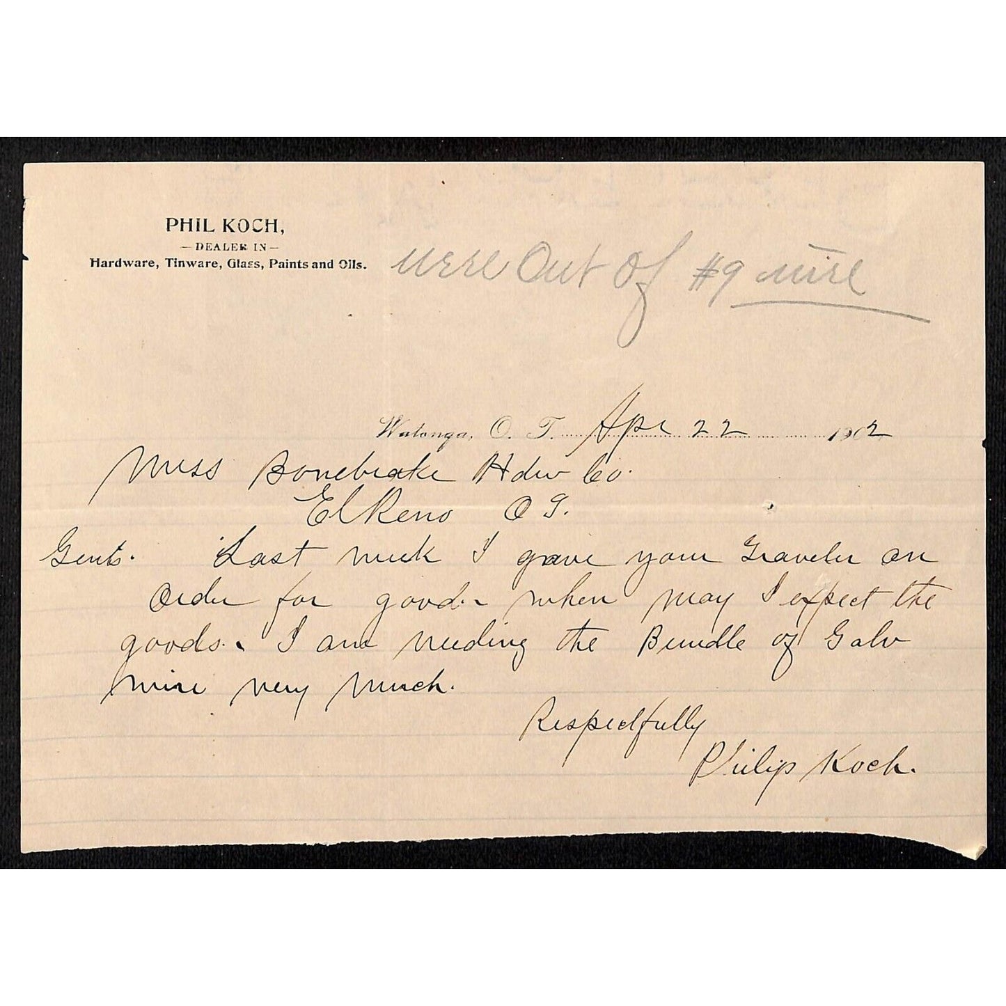 Phil Koch Hardware Tinware Watonga Oklahoma Territory 1902 ALS Letterhead
