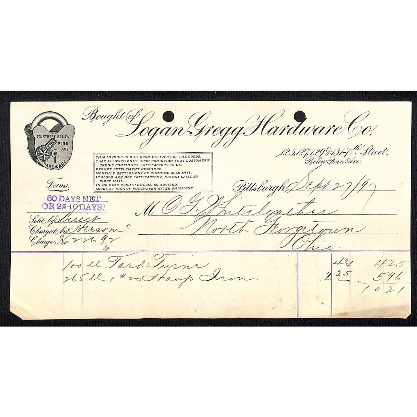Logan-Gregg Hardware Pittsburgh 1897 Billhead Whiteleather* N. Georgetown , OH