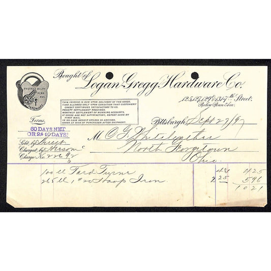 Logan-Gregg Hardware Pittsburgh 1897 Billhead Whiteleather* N. Georgetown , OH