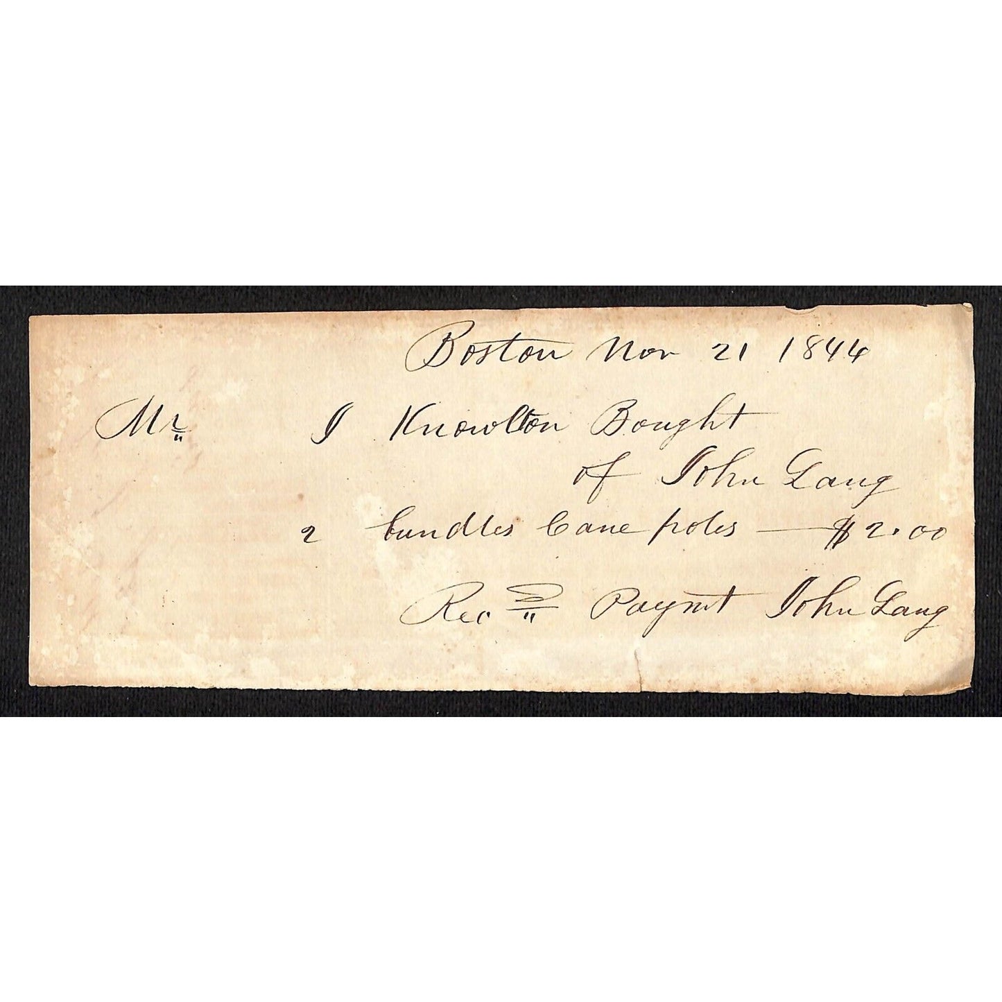 1846 Jabez Knowlton* Newburgh, ME General Store Receipt for 2 Bundles Cane Poles