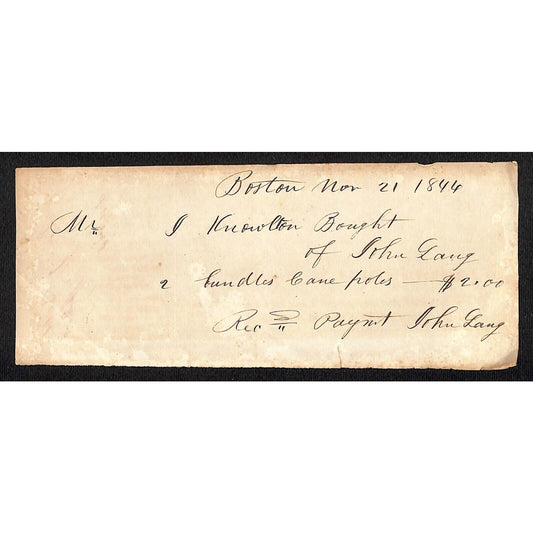 1846 Jabez Knowlton* Newburgh, ME General Store Receipt for 2 Bundles Cane Poles