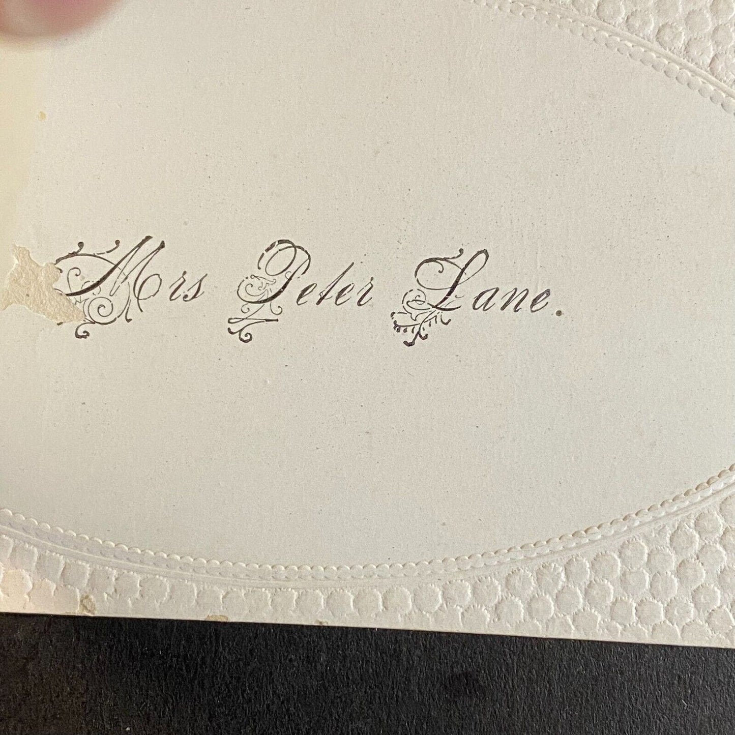 "Miss Peter Lane" Victorian Hidden Name Card "Glad Hours" w/ Doves Hand Flowers