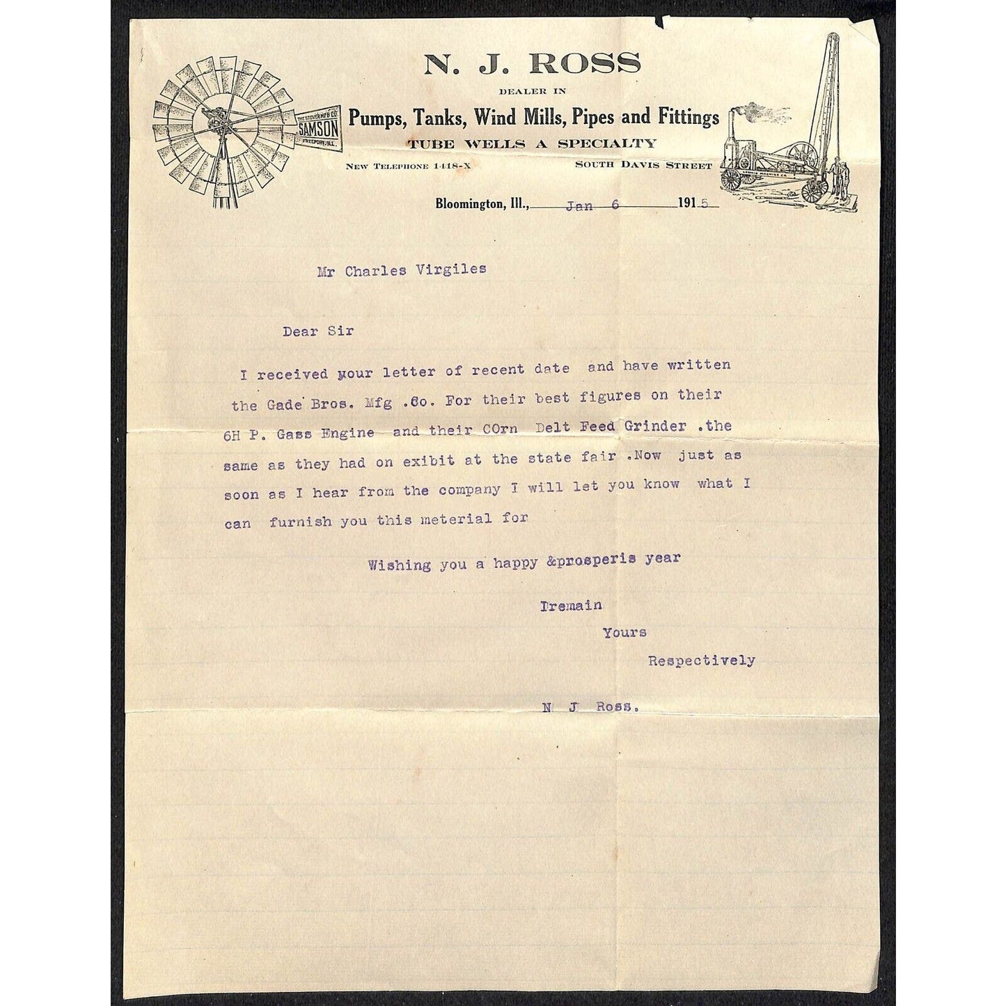 N.J. Ross Bloomington, IL Wind Mills Pumps Tanks 1915 Adv. Letterhead & Cover