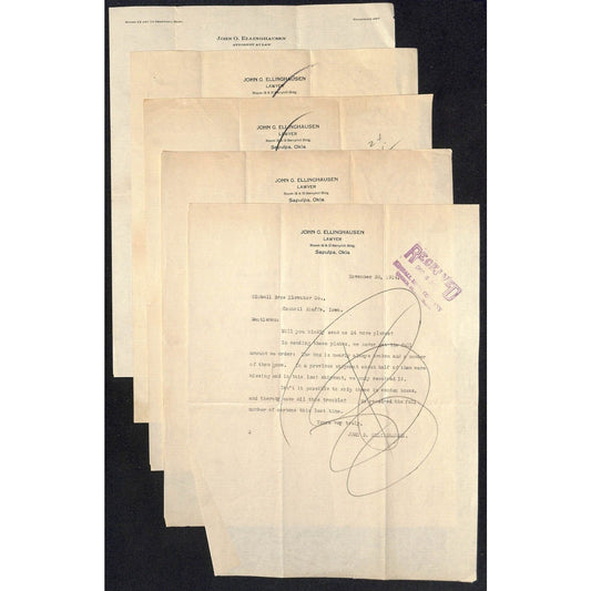 5 1911-1915 Letterheads John G. Ellinghausen Lawyer to Kimball Bros. Elevator