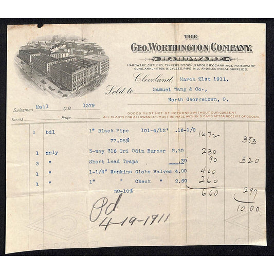 Geo Worthington Co. Hardware Cleveland 1911 Billhead Samuel Wang* N Georgetown