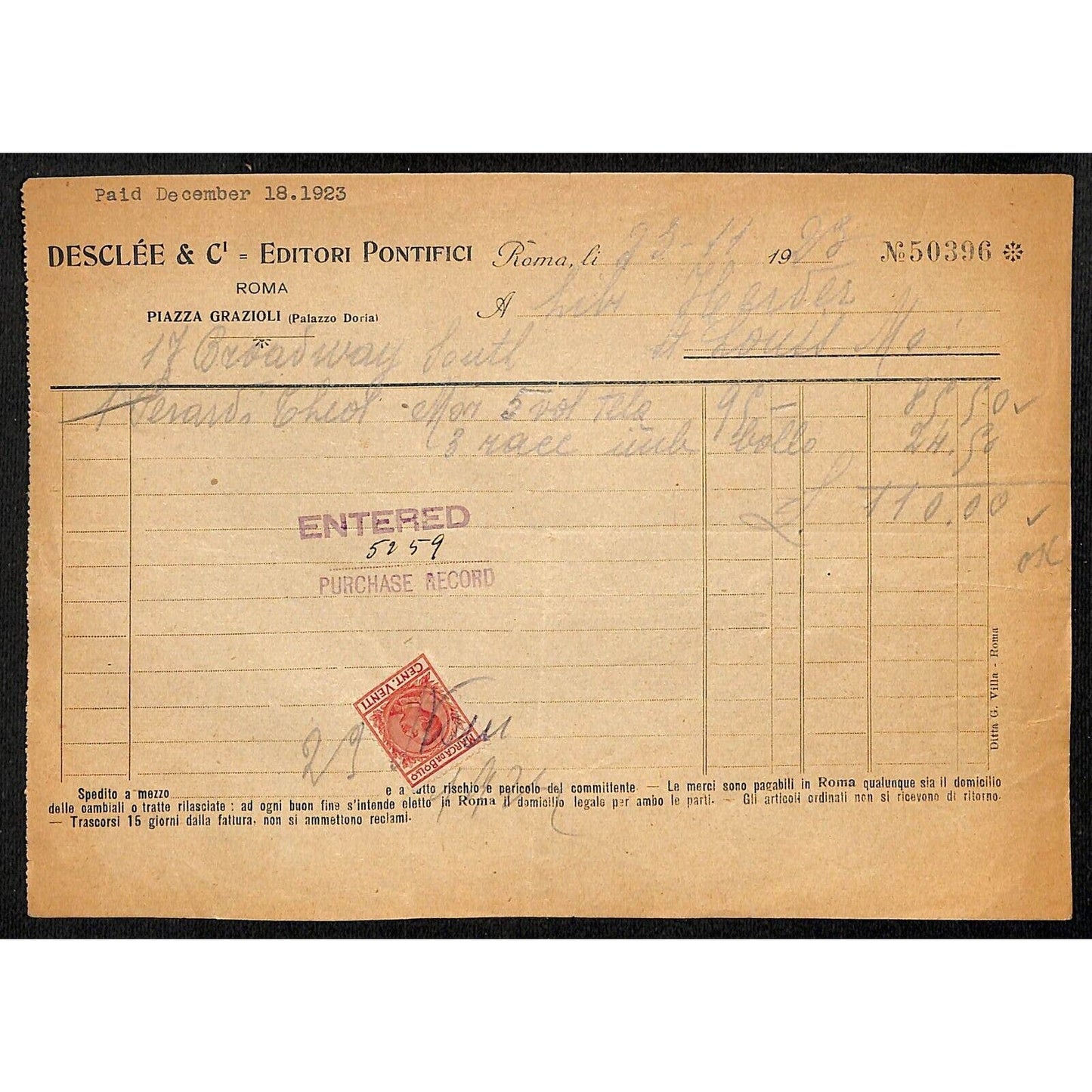 Desclée & Compagnie Rome Pontifical Publishers 11/23 1923 Billhead Tax Stamp