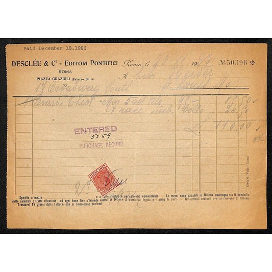 Desclée & Compagnie Rome Pontifical Publishers 11/23 1923 Billhead Tax Stamp
