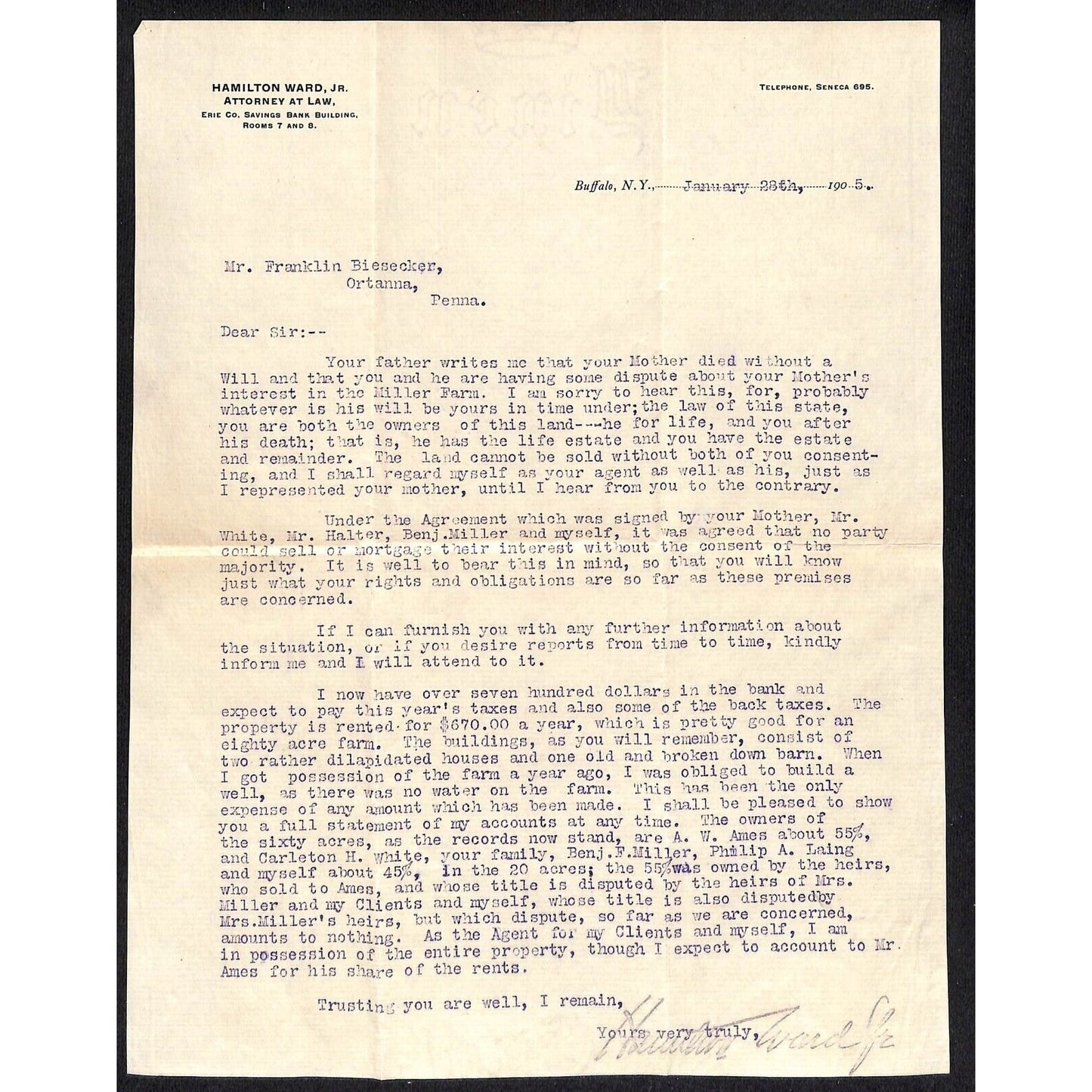 1905 Hamilton Ward Attorney Buffalo, NY ALS "Your Mother Died Without a Will.."