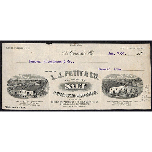 L.J. Petit & Co. Salt Milwaukee H.J. Hutchinson* Decorah Cut 1897 Billhead