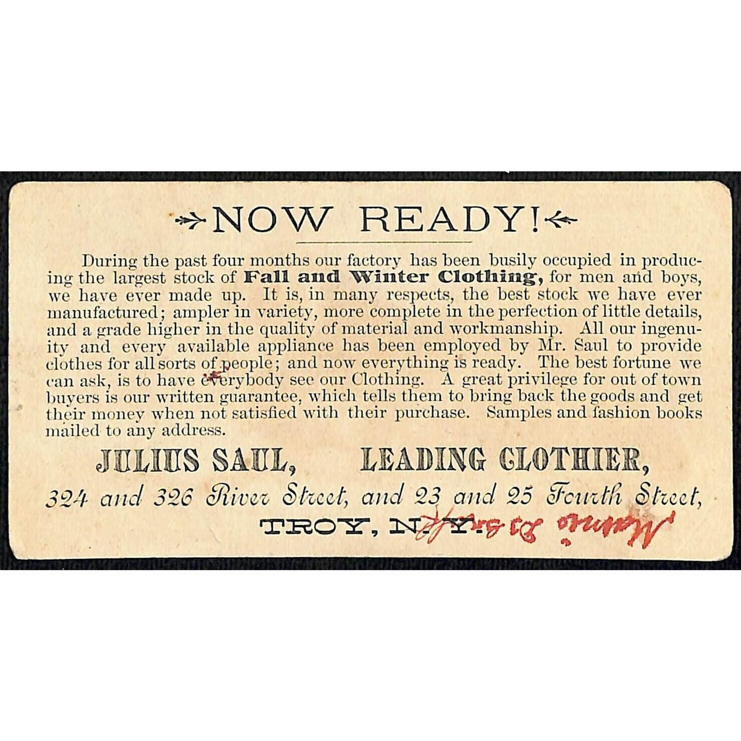 Julius Saul Troy, NY Clothier Victorian Trade Card Dog Rests on Floor